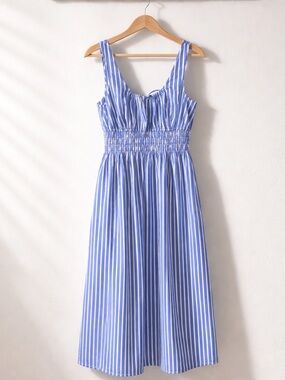 Gap Blue White Striped Poplin Smocked Midi Dress Pockets Coastal Nautical Sz LP